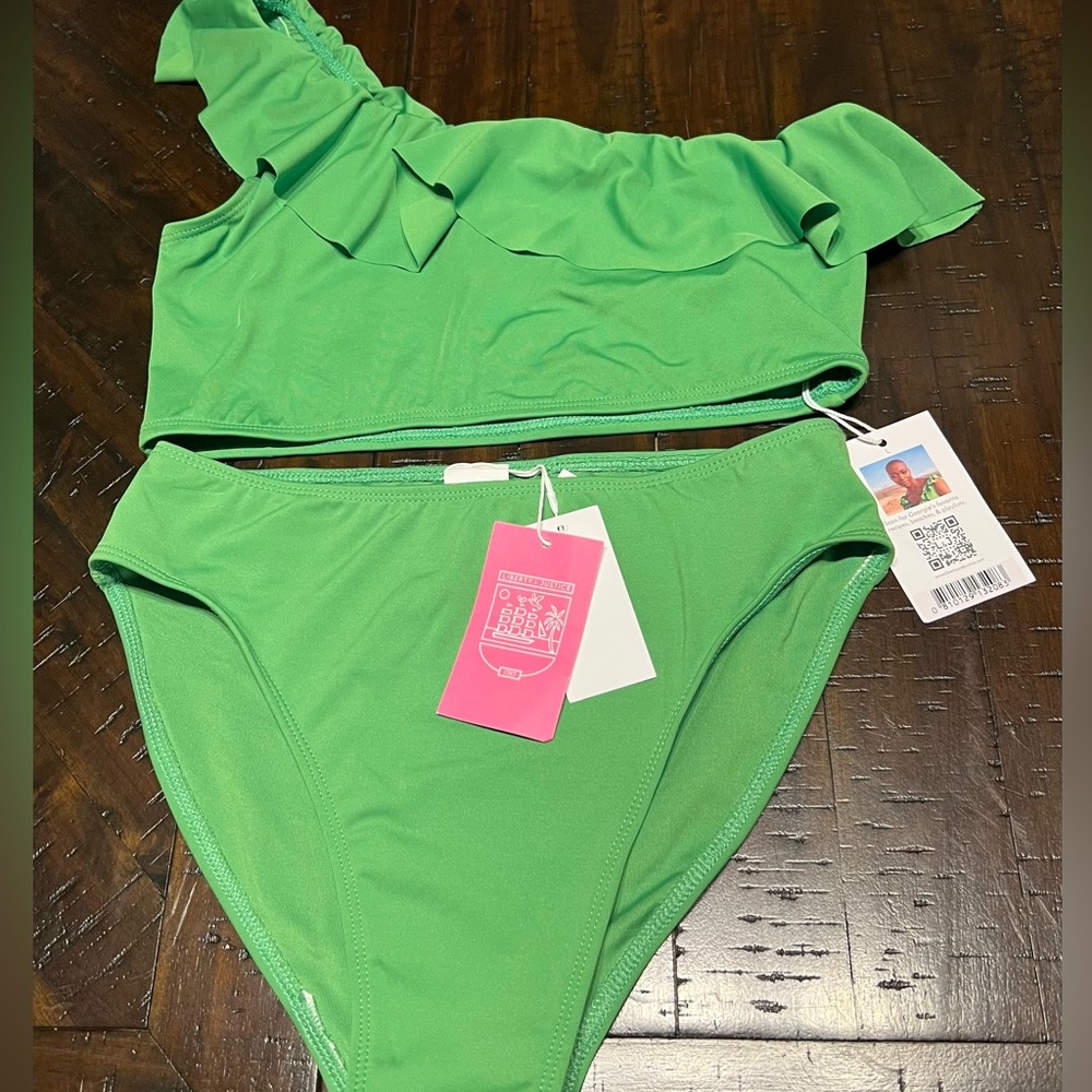 Liberty & Justice Green One Shoulder Ruffle Top & Classic Bikini Swimsuit
